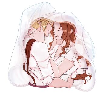 1boy 1girl aerith_gainsborough alternate_costume alternate_hairstyle arm_around_waist blonde_hair breasts brown_hair closed_eyes cloud_strife collared_shirt commentary couple cropped_torso dress earrings english_commentary final_fantasy final_fantasy_vii frilled_sleeves frills hair_ribbon half_updo hand_on_another&#039;s_cheek hand_on_another&#039;s_face hand_on_another&#039;s_neck hetero highres jewelry long_hair medium_breasts meli_sketch open_mouth parted_bangs parted_lips pink_ribbon ribbon ring shirt short_hair sidelocks single_earring sleeves_rolled_up smile suspenders upper_body veil wavy_hair wedding_ring white_dress white_shirt
