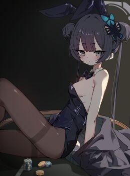 1girl animal_ear_hairband animal_ears black_bow black_bowtie black_hair black_leotard black_pantyhose blue_archive bow bowtie breasts butterfly_hair_ornament dark_background detached_collar double_bun fake_animal_ears feet_out_of_frame grey_eyes grey_halo grey_jacket hair_bun hair_ornament hairband halo highres jacket jacket_partially_removed kisaki_(blue_archive) leotard long_hair looking_at_viewer pantyhose playboy_bunny poker_chip rabbit_ears rabbit_tail sitting small_breasts solo strapless strapless_leotard tail thighband_pantyhose tttlr twintails