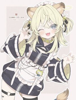 1girl ;d absurdres animal_ears apron artist_name blue_eyes blush border commentary commission cowboy_shot crossed_bangs fangs frilled_apron frills grey_background grey_border hands_up hashtag-only_commentary heart heart_o-ring highres hood hood_down hooded_jacket jacket jersey_maid lion_ears lion_girl lion_tail long_sleeves looking_at_viewer maid maid_headdress mamiro noripro o-ring o-ring_thigh_strap one_eye_closed open_mouth outline outside_border regrush_lionheart simple_background skeb_commission smile solo tail thigh_strap track_jacket unconventional_maid virtual_youtuber white_apron white_outline wide_sleeves