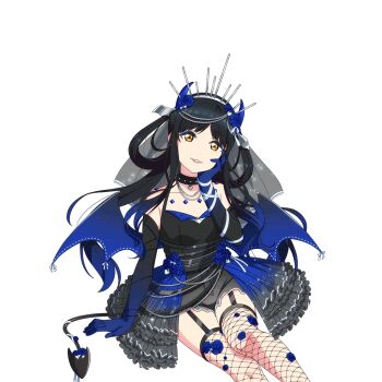1girl bare_shoulders black_choker black_dress black_hair blue_eyeshadow blue_flower blue_hair blue_horns blue_rose blue_wings choker demon_horns demon_tail demon_wings dress eyeshadow fake_horns fake_tail fake_wings fishnet_thighhighs fishnets flower frills garter_straps gloves gradient_clothes gradient_dress gradient_hair hairband hand_on_own_cheek hand_on_own_face hazuki_ren heart heart_choker horns jewelry light_smile lipstick long_hair looking_at_viewer love_live! love_live!_school_idol_festival love_live!_superstar!! makeup multicolored_hair necklace official_alternate_costume official_alternate_hair_color official_alternate_hairstyle official_art parted_bangs parted_lips rose sidelocks solo tail thighhighs third-party_source transparent_background veil wings yellow_eyes