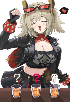 1girl ? absurdres alcohol bandeau black_bandeau black_gloves black_jacket black_skirt blonde_hair breasts burnice_white cleavage closed_eyes commentary_request cup eyewear_on_head fingerless_gloves gloves heart highres jacket large_breasts midriff navel open_clothes open_jacket open_mouth ouichi parody pleated_skirt pukey_goddess_shot_trick short_twintails simple_background skirt smile solo spoken_heart sunglasses twintails two_side_up white_background zenless_zone_zero