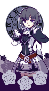 1girl belt belt_buckle black_dress black_flower black_gloves black_hair black_rose black_thighhighs brown_belt buckle clock commentary_request dress flower gloves hand_up highres idolmaster idolmaster_cinderella_girls idolmaster_cinderella_girls_starlight_stage jacket kawamochi_(kawauti919) long_sleeves parted_lips purple_eyes roman_numeral rose shirayuki_chiyo simple_background sleeves_past_wrists solo thighhighs white_background white_flower white_jacket white_rose