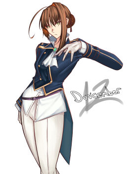 Rule 34 | 1girl, absurdres, ahoge, antenna hair, ascot, braid, brooch, bun with braided base, closed mouth, commentary, dated, duvalie, eiyuu densetsu, english commentary, english text, gloves, green eyes, hair between eyes, hair bun, highres, jewelry, long sleeves, looking at viewer, moren eh, pants, sen no kiseki (series), short hair, simple background, single hair bun, single hair intake, solo, tailcoat, upper body, white ascot, white background, white gloves, white pants