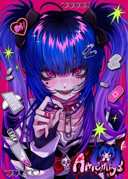 1girl absurdres ahoge amemiya_darumi black_bow blister_pack blood blue_hair blush bow bowtie chailiru character_name chibi chromatic_aberration collar commentary facial_mark film_grain glint gradient_hair hair_bow hand_up heart heart_facial_mark highres knife long_hair long_sleeves multicolored_hair multiple_views open_mouth pill pink_background pink_blood pink_hair purple_hair razor_blade red_bow red_bowtie red_collar safety_pin safety_pin_hair_ornament sailor_collar sleeves_past_wrists smile solo spiked_collar spikes striped_clothes striped_sweater sweater the_hundred_line_-last_defense_academy- twintails upper_body white_sweater