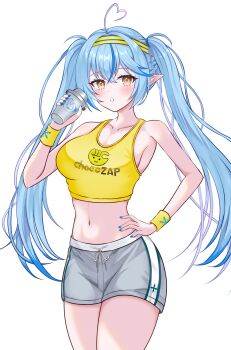 1girl ahoge arlonn bare_shoulders blue_hair breasts commentary_request cowboy_shot cropped_shirt cup drinking_glass elf grey_shorts heart heart_ahoge highres holding holding_cup hololive large_breasts navel pink_hair pointy_ears shorts simple_background solo tank_top twintails virtual_youtuber white_background yellow_eyes yellow_tank_top yukihana_lamy