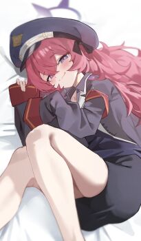 1girl absurdres armband black_hat blazer blue_archive clothing_cutout commentary_request grey_eyes halo hat highres iroha_(blue_archive) jacket legs long_hair looking_at_viewer lying red_hair shiroyo_(shiromeahi) skirt sleeves_past_fingers sleeves_past_wrists smile solo thighhighs twitter_username