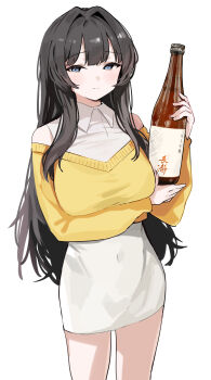 1girl absurdres blue_eyes bottle breasts commentary_request dress grey_hair gujou_kanade hei_(tonarinohey) highres holding holding_bottle incredibly_absurdres kamiina_botan_yoeru_sugata_wa_yuri_no_hana light_smile shirt simple_background white_background white_dress wine_bottle yellow_shirt
