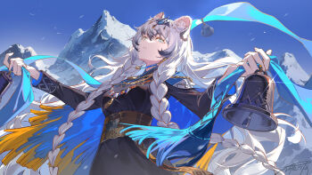Rule 34 | 1girl, absurdres, animal ear fluff, animal ears, arknights, asona, bell, belt, black dress, blue cape, blue eyes, blue sky, braid, breasts, cape, day, dress, fringe trim, glint, grey hair, highres, holding, holding bell, jewelry, leopard ears, long hair, long sleeves, medium breasts, mountain, necklace, outdoors, parted lips, pramanix (arknights), pramanix the prerita (arknights), signature, sky, solo, tiara, twin braids, upper body, very long hair