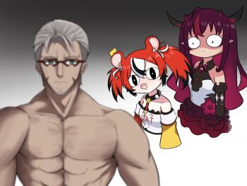&lt;|&gt;_&lt;|&gt; 1boy 2girls animal_ear_fluff animal_ears arurandeisu bare_shoulders beard black_hair breasts closed_mouth collar commentary cropped_torso detached_sleeves dress facial_hair fong_(fongthe0125) glasses gradient_background green_eyes grey_background grey_hair hakos_baelz hakos_baelz_(1st_costume) hashtag-only_commentary heart heart-shaped_pupils highres hololive hololive_english holostars horns irys_(hololive) irys_(irys_1.0)_(hololive) key layered_sleeves long_sleeves male_focus medium_breasts mouse_ears multicolored_hair multiple_girls nude pointy_ears red-framed_eyewear red_hair red_sleeves shirt short_over_long_sleeves short_sleeves spiked_collar spikes strapless strapless_shirt streaked_hair symbol-only_commentary symbol-shaped_pupils upper_body virtual_youtuber white_background white_dress white_hair white_shirt white_sleeves wide-eyed yellow_sleeves
