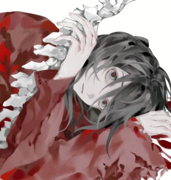 1boy bags_under_eyes black_hair bone chinese_clothes chinese_commentary coat dao_gui_yi_xian dianshouyungsong grey_eyes hair_between_eyes hanfu highres holding holding_bone holding_sword holding_weapon implied_yaoi li_huowang limited_palette long_hair long_sleeves looking_at_viewer looking_up lying on_back pale_skin parted_lips red_coat simple_background solo spine spine_sword sword torn_clothes weapon white_background