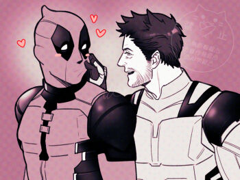 2boys beard blush_stickers bodysuit brown_hair cheek_pinching cheek_pull commentary_request deadpool deadpool_&amp;_wolverine deadpool_(series) facial_hair gloves heart looking_at_another male_focus marvel marvel mask multiple_boys muscular muscular_male open_mouth pinching red_mask sherlock7akane short_hair signature smile superhero_costume teeth wolverine_(x-men) x-men yaoi