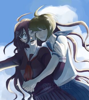 Rule 34 | 2girls, ahoge, black serafuku, black shirt, black skirt, blue sailor collar, blue skirt, blue sky, closed eyes, cloud, collared shirt, commentary, danganronpa (series), danganronpa another episode: ultra despair girls, day, english commentary, eyelashes, fingernails, fukawa toko, glasses, green hair, hair between eyes, hair ornament, hairclip, hand on another's arm, highres, hug, long hair, long sleeves, messy hair, mole, mole under mouth, multiple girls, naegi komaru, neckerchief, olegfeel, one eye closed, open mouth, purple eyes, purple hair, red neckerchief, round eyewear, sailor collar, school uniform, serafuku, shirt, short hair, short sleeves, skirt, skirt set, sky, smile, surprised, teeth, very long hair, white sailor collar, white shirt