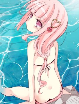 1girl artist_request ass back back-tie_bikini bikini blush butt_crack flower hair_flower hair_ornament heart heart_hair_ornament long_hair looking_at_viewer looking_back magia_record:_mahou_shoujo_madoka_magica_gaiden mahou_shoujo_madoka_magica partially_submerged pink_bikini pink_eyes pink_hair rock sitting solo swimsuit tagme tamaki_iroha water