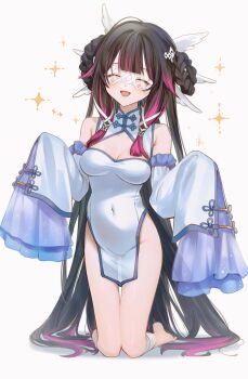 1girl ai-assisted black_hair breasts china_dress chinese_clothes closed_eyes columbina_(genshin_impact) covered_navel detached_sleeves dress genshin_impact head_wings highres long_hair medium_breasts multicolored_hair poki_(j0ch3fvj6nd) sleeves_past_fingers sleeves_past_wrists smile solo white_dress wings