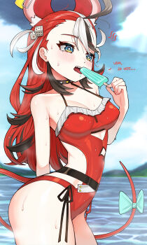 1girl absurdres ahoge animal_ears arm_behind_back black_hair blue_eyes blue_sky blurry blurry_background bow breasts bright_pupils cleavage clothing_cutout cloud collar colored_tips commentary cutout_above_navel day dice_hair_ornament english_commentary extra_ears food frilled_one-piece_swimsuit frills hair_between_eyes hair_ornament hakos_baelz hakos_baelz_(holonatsu_paradise) highres holding holding_food holding_popsicle hololive hololive_english licking licking_foot long_hair medium_breasts migokami mouse_ears mouse_girl mouse_tail multicolored_hair official_alternate_costume official_alternate_hairstyle one-piece_swimsuit open_mouth outdoors popsicle red_hair red_one-piece_swimsuit sharp_teeth side-tie_one-piece_swimsuit sky spiked_collar spikes streaked_hair swimsuit tail tail_bow tail_ornament teeth virtual_youtuber wading white_hair white_pupils