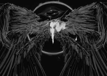 Rule 34 | 1girl, armor, black wings, commentary, crown, eclipse, english commentary, feathered wings, floating, full body, greyscale, halimma, halo, highres, holding, holding polearm, holding weapon, long hair, monochrome, multiple wings, nephis (shadow slave), polearm, shadow slave, silhouette, solo, spear, weapon, white hair, wings