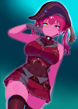 1girl absurdres ascot black_choker black_hat black_leotard black_thighhighs breasts choker cleavage closed_mouth commentary cropped_jacket english_commentary gloves hair_ribbon hat heterochromia highres hololive houshou_marine houshou_marine_(1st_costume) jacket large_breasts leotard leotard_under_clothes looking_at_viewer pirate_hat red_ascot red_eyes red_hair red_jacket red_ribbon ribbon sleeveless sleeveless_jacket smile solo thenomade123 thighhighs virtual_youtuber white_gloves yellow_eyes