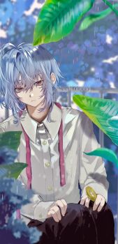 1boy blue_hair blurry blurry_background closed_mouth collared_shirt commentary_request cowboy_shot expressionless hair_between_eyes hands_on_own_knees highres holding long_sleeves looking_at_viewer male_focus medium_hair original pink_eyes plant rain sahi00000 shirt sitting solo white_shirt