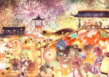 Rule 34 | 6+girls, absurdres, aerial fireworks, alternate costume, arm up, black hairband, black hat, blonde hair, blue skirt, bow, brown bow, brown kimono, bucket, closed eyes, commentary request, cup, disembodied linked eye, drinking glass, emloste, eyeball, faceless, faceless female, fireworks, floral print, floral print kimono, green hair, hair bobbles, hair bow, hair ornament, hairband, hat, hat bow, heart, heart hair ornament, highres, holding, holding cup, holding hands, hoshiguma yuugi, in bucket, in container, japanese clothes, kimono, kisume, komeiji koishi, komeiji satori, kurodani yamame, lantern, mizuhashi parsee, multiple girls, obi, obijime, oil-paper umbrella, open mouth, paper lantern, pink eyes, pink hair, pink kimono, pointing, print kimono, red sash, sakazuki, sash, shirt, siblings, sisters, skirt, smile, summer festival, touhou, umbrella, white kimono, white shirt, wide sleeves, wooden bucket, yellow bow, yukata