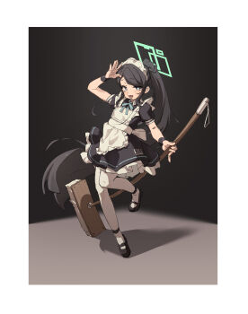 1girl absurdres apron aqua_halo aris_(blue_archive) aris_(maid)_(blue_archive) arm_up black_dress black_hair black_shoes black_wrist_cuffs blue_archive blue_eyes blue_ribbon blush border bright_pupils chinese_commentary collared_dress commentary contrast_collar dress floating_hair frilled_apron frilled_dress frills full_body halo highres holding holding_mop long_hair looking_at_viewer maid maid_apron maid_headdress mary_janes mop neck_ribbon number_print official_alternate_costume official_alternate_hairstyle open_mouth pantyhose parted_bangs piero_(sggp2345) ponytail puffy_short_sleeves puffy_sleeves rectangular_halo ribbon shadow shoes short_sleeves sidelocks solo standing standing_on_one_leg teeth very_long_hair white_apron white_border white_headdress white_pantyhose white_pupils wrist_cuffs