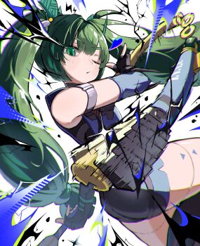 Rule 34 | 1girl, android, black gloves, blue shorts, blush, commentary request, cowboy shot, electricity, fingerless gloves, gloves, green eyes, green hair, hair ornament, heart, highres, kraken bio, leg up, long hair, looking at viewer, one eye closed, police, police uniform, policewoman, qingyi (zenless zone zero), shorts, solo, sphere hair ornament, three section staff, twintails, white background, zenless zone zero