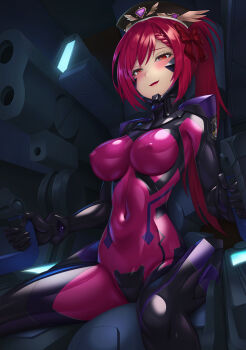 1girl armored_bodysuit black_bodysuit blush bodysuit bow breasts cockpit controller cosplay covered_erect_nipples covered_navel fortified_suit hair_bow half-closed_eyes hat headgear highres impossible_bodysuit impossible_clothes joystick kagami_sumika kagami_sumika_(cosplay) kurione_(zassou) large_breasts long_hair mecha_pilot_suit multicolored_bodysuit muv-luv muv-luv_alternative original parted_lips pink_bodysuit ponytail red_eyes red_hair shiny_clothes sitting solo two-tone_bodysuit