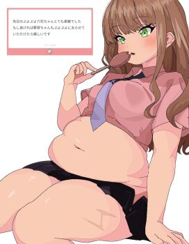 1girl arm_support belly black_skirt blush brown_hair crop_top crustacean_crab eating food green_eyes gridman_universe gridman_universe_(movie) holding_food holding_popsicle japanese_text long_hair minami_yume miniskirt muffin_top navel necktie open_mouth partially_unzipped pink_shirt plump popsicle purple_necktie reference_inset scar scar_on_leg shirt sitting skirt solo ssss.dynazenon thick_thighs thighs white_background