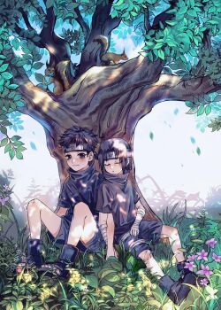 2boys animal bandaged_arm bandages black_hair black_shorts child closed_eyes closed_mouth commentary curtained_hair english_commentary forehead_protector grass highres konohagakure_symbol male_focus momoyoru1 multiple_boys naruto_(series) naruto_shippuuden on_floor on_tree short_hair shorts sitting squirrel tree uchiha_itachi uchiha_shisui