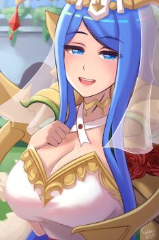 1girl :d blue_eyes blue_hair blush breasts choker ciderwrath cleavage crown dress fire_emblem fire_emblem_engage flower gold_choker gold_crown hand_on_own_chest jewelry large_breasts long_hair looking_at_viewer lumera_(fire_emblem) mature_female nintendo open_mouth outdoors red_flower red_rose rose sidelocks smile solo upper_body veil white_veil