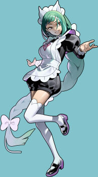 Rule 34 | 1girl, 987645321o, apron, black shirt, black shoes, black shorts, blue background, blunt bangs, bow, bowtie, braid, braided ponytail, brooch, green hair, grey eyes, grin, hair bow, highres, jewelry, juliet sleeves, lebanne (pokemon), leg up, long hair, long sleeves, looking at viewer, looking to the side, low-tied long hair, maid apron, maid headdress, mary janes, multicolored shoes, nintendo, open mouth, outstretched arms, pokemon, pokemon legends: z-a, puffy sleeves, purple shoes, shirt, shoes, shorts, sidelighting, simple background, smile, solo, swept bangs, thighhighs, two-tone shoes, v-shaped eyebrows, very long hair, white apron, white bow, white bowtie, white thighhighs, white wrist cuffs, wrist cuffs