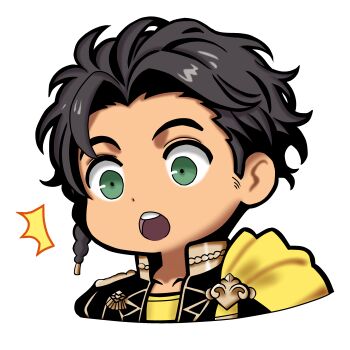 1boy absurdres brown_hair cape chibi chibi_only claude_von_riegan dark-skinned_male dark_skin fire_emblem fire_emblem:_three_houses garreg_mach_monastery_uniform green_eyes highres male_focus nekomoni nintendo side_cape solo surprised yellow_cape