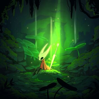 Rule 34 | 1girl, absurdres, arthropod girl, black eyes, black skin, cave interior, cloak, clover, colored skin, commentary, english commentary, full body, highres, hollow eyes, hollow knight, hollow knight: silksong, horned mask, hornet (hollow knight), horns, mask, moss, needle (hollow knight), red cloak, rock, shirotani, sitting, solo, weapon, white mask