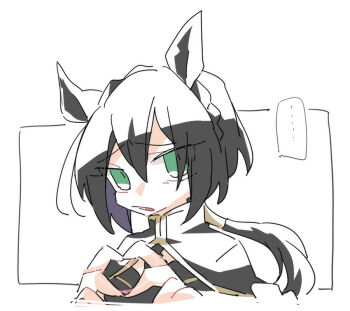 Rule 34 | ..., 1girl, animal ears, beer hsk, black capelet, black dress, black hair, braid, capelet, commentary request, cropped torso, crown braid, dress, green eyes, hands up, heart, heart hands, horse ears, kin'iro ryotei (umamusume), looking at viewer, low ponytail, multicolored hair, parted lips, ponytail, purple hair, simple background, solo, spoken ellipsis, two-tone hair, umamusume, upper body, white background