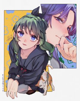 Rule 34 | 1boy, 1girl, beads, black ribbon, black sailor collar, black serafuku, black shirt, black skirt, blue background, blue eyes, blush, border, brown shoes, calico (pattern), calico cat, cat, closed mouth, dated, freckles, green hair, grey thighhighs, hair beads, hair ornament, hair ribbon, hand to own mouth, highres, jinshi (kusuriya no hitorigoto), kusuriya no hitorigoto, long hair, looking at viewer, maomao (kusuriya no hitorigoto), necktie, parted bangs, parted lips, pigrabbit mtz, purple eyes, purple hair, red necktie, ribbon, sailor collar, school uniform, serafuku, shirt, shoes, sign, skirt, squatting, thighhighs, twitter username, white border, yellow background