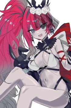 1girl baobhan_sith_(fate) baobhan_sith_(swimsuit_pretender)_(third_ascension)_(fate) bikini breasts detached_collar earrings fate/grand_order fate_(series) flower grey_eyes hair_flower hair_ornament highres hiyoko_(96823534) jewelry long_hair looking_at_viewer navel open_mouth pink_hair pointy_ears sitting smile solo stuffed_animal stuffed_rabbit stuffed_toy swimsuit tiara veil white_bikini white_flower