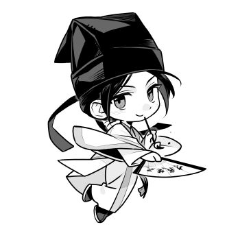 1boy absurdres boots calligraphy_brush chibi chibi_only chinese_clothes chinese_commentary closed_mouth dao_gui_yi_xian folding_fan full_body greyscale hand_fan hand_fan_writing hanfu hat hat_ribbon highres holding holding_calligraphy_brush holding_fan holding_paintbrush jin_(headwear) long_hair long_sleeves looking_at_viewer male_focus monochrome paintbrush paper_fan ribbon robe simple_background smile solo updo white_background wide_sleeves zhongerjiaweixian zhouzi_jin_(headwear) zhuge_yuan