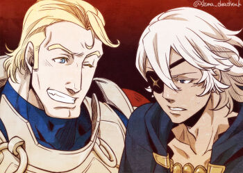 2boys armor arthur_(fire_emblem_fates) blonde_hair blue_eyes clenched_teeth eyepatch fire_emblem fire_emblem_fates grey_hair medium_hair multiple_boys niles_(fire_emblem) nintendo one_eye_closed shima_deadstock teeth turtleneck upper_body