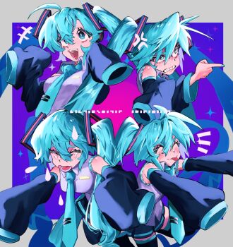 Rule 34 | 1girl, :d, ^ ^, anger vein, annoyed, aqua eyes, aqua hair, aqua necktie, bare shoulders, bikmo321, black sleeves, blush, border, closed eyes, commentary request, crying, detached sleeves, grey border, grey shirt, hair between eyes, hair ornament, happy, hatsune miku, long hair, multiple views, necktie, open mouth, shirt, skirt, sleeveless, sleeveless shirt, sleeves past wrists, smile, tears, thighhighs, tongue, tongue out, twintails, very long hair, vocaloid