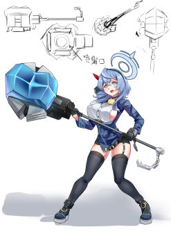 Rule 34 | 1girl, absurdres, acc (rwva4427), ako (blue archive), ankle strap, aqua eyes, aqua hair, aqua halo, bell, black gloves, black hairband, black shoes, black thighhighs, blue archive, blue jacket, breasts, buttons, collared shirt, cowbell, crescent halo, double-breasted, double-parted bangs, full body, garter straps, gloves, hair behind ear, hair between eyes, hair over shoulder, hair ribbon, hairband, half gloves, halo, highres, holding, holding weapon, jacket, large breasts, long sleeves, medium hair, miniskirt, neck bell, open mouth, pencil skirt, platform shoes, prefect team (blue archive), red ribbon, ribbon, shirt, shoes, sideboob, sideless shirt, sidelocks, skirt, thighhighs, wavy hair, weapon, white shirt