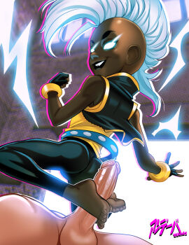 1boy 1girl absurdres andava black_jacket black_pants blank_eyes clothed_female_nude_male dark-skinned_female dark_skin footjob hetero highres interracial jacket marvel mohawk nude open_clothes open_jacket pants penis shirt sleeveless sleeveless_jacket sleeveless_shirt storm_(x-men) testicles two-footed_footjob very_dark_skin white_hair x-men yellow_shirt