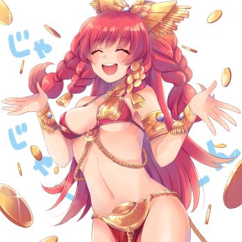 1girl :d ^_^ armband armlet armor armpits bare_legs bare_shoulders bell bikini bikini_armor blush bracelet braid breasts cleavage closed_eyes coin covered_erect_nipples cowbell cropped_legs destiny_child earrings facing_viewer ganesha_(destiny_child) gem gold gold_coin groin hair_between_eyes hands_up jewelry loincloth long_hair mita_(matsuri68) money navel necklace open_hands open_mouth pink_hair sideboob simple_background smile solo standing stomach swimsuit teeth thighs tiara tongue twin_braids underboob upper_teeth_only very_long_hair white_background