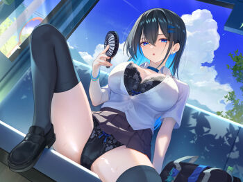 1girl :o arm_support bag bag_charm black_bra black_hair black_panties black_shoes black_skirt black_thighhighs blue_choker blue_eyes blue_hair blue_sky bow bow_bra bow_panties bra breasts charm_(object) choker cloud collared_shirt colored_inner_hair commentary_request crotch_seam day double-parted_bangs dutch_angle earrings floral_print floral_print_bra floral_print_panties foot_out_of_frame hair_between_eyes hair_ornament hairclip hand_fan hand_up handheld_electric_fan holding holding_fan hot indoors jewelry large_breasts leg_up loafers long_bangs long_hair looking_at_viewer maeshimashi miniskirt multicolored_hair original panties parted_lips partially_unbuttoned pleated_skirt print_panties school_bag school_uniform shiny_skin shirt shoes short_sleeves sitting skirt sky solo spread_legs straight_hair stud_earrings sweat thighhighs underwear white_shirt window wing_collar wristband