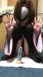 1boy animated belly black_panties chinese_mythology cosplay cum cum_on_floor ejaculating_while_penetrated dildo dildo_riding ejaculation erection facing_viewer flaccid jiangshi jiangshi_costume kneeling kotomitako large_penis male_focus mask masturbation midriff mouth_mask nipple_slip nipples panties panty_pull penis photo_(medium) sex_toy sound surgical_mask towel trap underwear video video wig