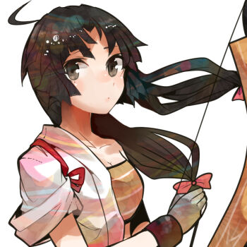 Rule 34 | 1girl, archery, bandeau, black hair, blouse, bow (weapon), breasts, brown eyes, brown hair, gloves, hadanugi dousa, hair ribbon, itomugi-kun, japanese clothes, kantai collection, kimono, kyuudou, long hair, long sleeves, low-tied long hair, medium breasts, open clothes, open kimono, partially fingerless gloves, partly fingerless gloves, ribbon, shirt, shouhou (kancolle), single glove, solo, twintails, weapon, yugake