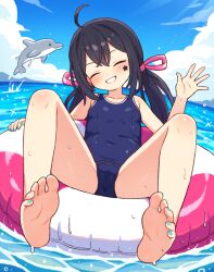 1girl ^_^ ahoge animal bare_arms bare_legs bare_shoulders barefoot black_hair blue_nails blue_one-piece_swimsuit blue_sky blush cameltoe closed_eyes cloud collarbone commission day dolphin facial_mark facing_viewer full_body grin hair_between_eyes hair_ribbon head_tilt highres horizon indie_virtual_youtuber innertube long_hair low_twintails mugen_mochi nail_polish ocean one-piece_swimsuit onyhakase outdoors pink_ribbon pixiv_commission ribbon sky smile soles solo star_(symbol) swim_ring swimsuit toenail_polish toenails twintails virtual_youtuber water