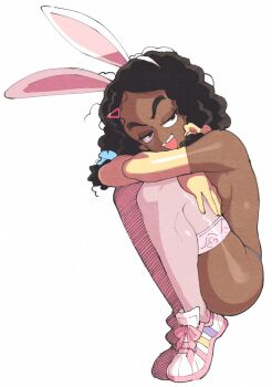Rule 34 | 1girl, animal ear hairband, animal ears, black hair, blue panties, breasts, commentary, commission, dark-skinned female, dark skin, elbow gloves, english commentary, facial mark, fake animal ears, forehead mark, from side, full body, gloves, hair ornament, hairband, hairclip, half-closed eyes, head on knees, highres, inkerton-kun, large breasts, looking at viewer, medium hair, mirukuwave, open mouth, panties, pink thighhighs, rabbit ear hairband, rabbit ears, real life, second-party source, shoes, sideboob, simple background, smile, solo, squatting, teeth, thighhighs, thong, tiptoes, tooth gap, topless female, underwear, upper teeth only, very dark skin, white background, white shoes, yellow gloves