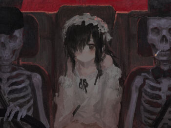 1girl bare_shoulders black_hat blush bone bow bowtie camisole car_interior chunkyeggy cigarette driving hair_over_one_eye hairband hat highres lolita_hairband long_hair original seatbelt skeleton skull smoking steering_wheel top_hat white_camisole