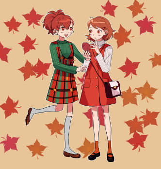 2girls autumn_leaves bag black_shoes brown_eyes brown_hair brown_shoes dress green_sweater hair_ornament hairclip highres leaf looking_at_another mary_janes multiple_girls open_mouth orange_socks persona persona_3 plaid_clothes plaid_dress ponytail red_dress shiomi_kotone shoes shoulder_bag socks standing standing_on_one_leg sweater takeba_yukari turtleneck white_socks white_sweater yomyompi