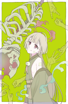 1girl bare_shoulders black_kimono blue_archive blunt_bangs border closed_mouth commentary_request cowboy_shot from_side gauze gauze_on_cheek green_background grey_hair halo japanese_clothes kimono long_hair looking_at_viewer looking_to_the_side off_shoulder outside_border shuro_(blue_archive) sideless_outfit skeleton smile solo tareme tokomichi turning_head white_border wide_sleeves