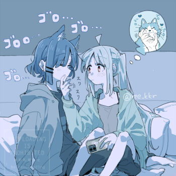 2girls ahoge animal_ears blush bocchi_the_rock! cat cat_ears cellphone closed_eyes couch denim greyscale holding holding_phone ijichi_nijika jacket jeans monochrome multiple_girls on_couch orange_eyes pants petting phone ree_(re-19) relaxing short_hair side_ponytail smartphone yamada_ryo yuri